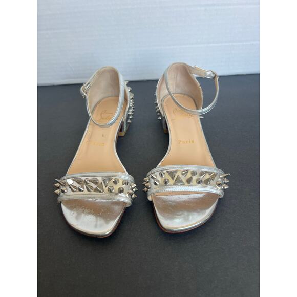 Christian Louboutin Silver Leather Druide Studded Ankle Strap Sandals Sz 5 - Picture 4 of 15